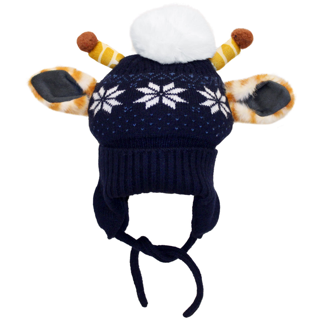 SNOW DAYS GIRAFFE EARS HAT WITH POM KNIT NAVY BLUE AND WHITE
