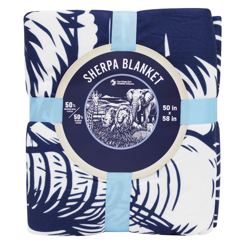 Fave 5 African Savanna Wildlife Sherpa Blanket featuring a giraffe, rhino, lion, elephant, and cheetah in a savanna landscape.