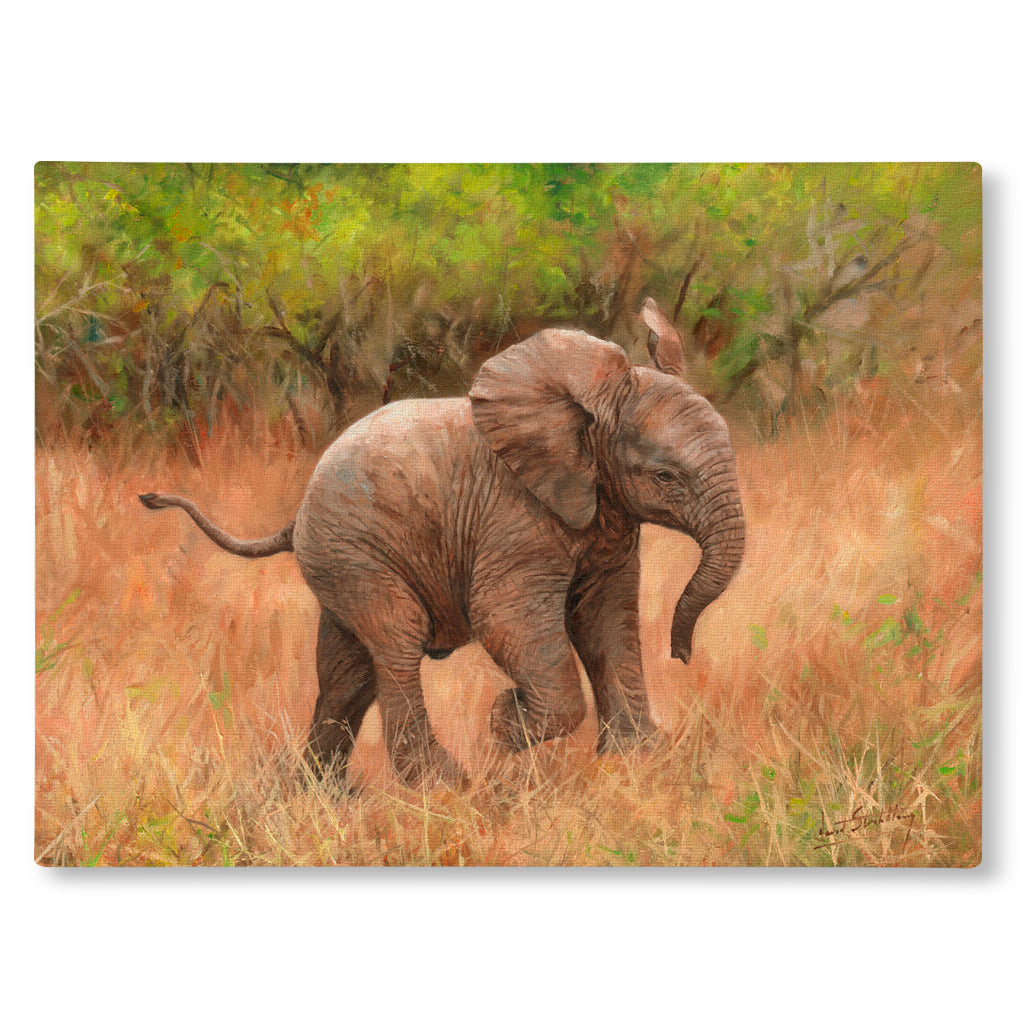 Canvas Print Painting of an elephant calf walking through a grassy landscape with trees.