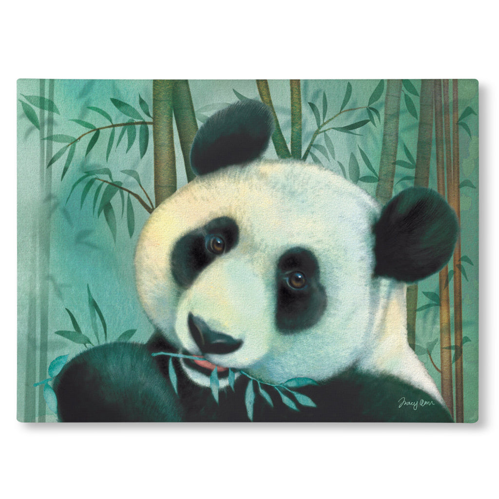 Canvas Print painting of a giant panda bear with bamboo leaves in front of bamboo trees.