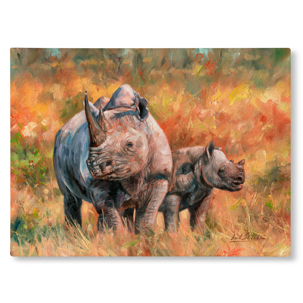 Canvas Print Painting of a rhino and its calf in a natural setting with warm colors.