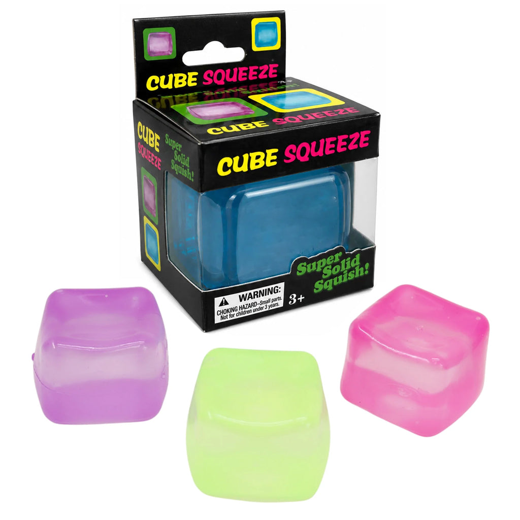 Cube Squeeze sensory fidget toy in blue, purple, pink, and green