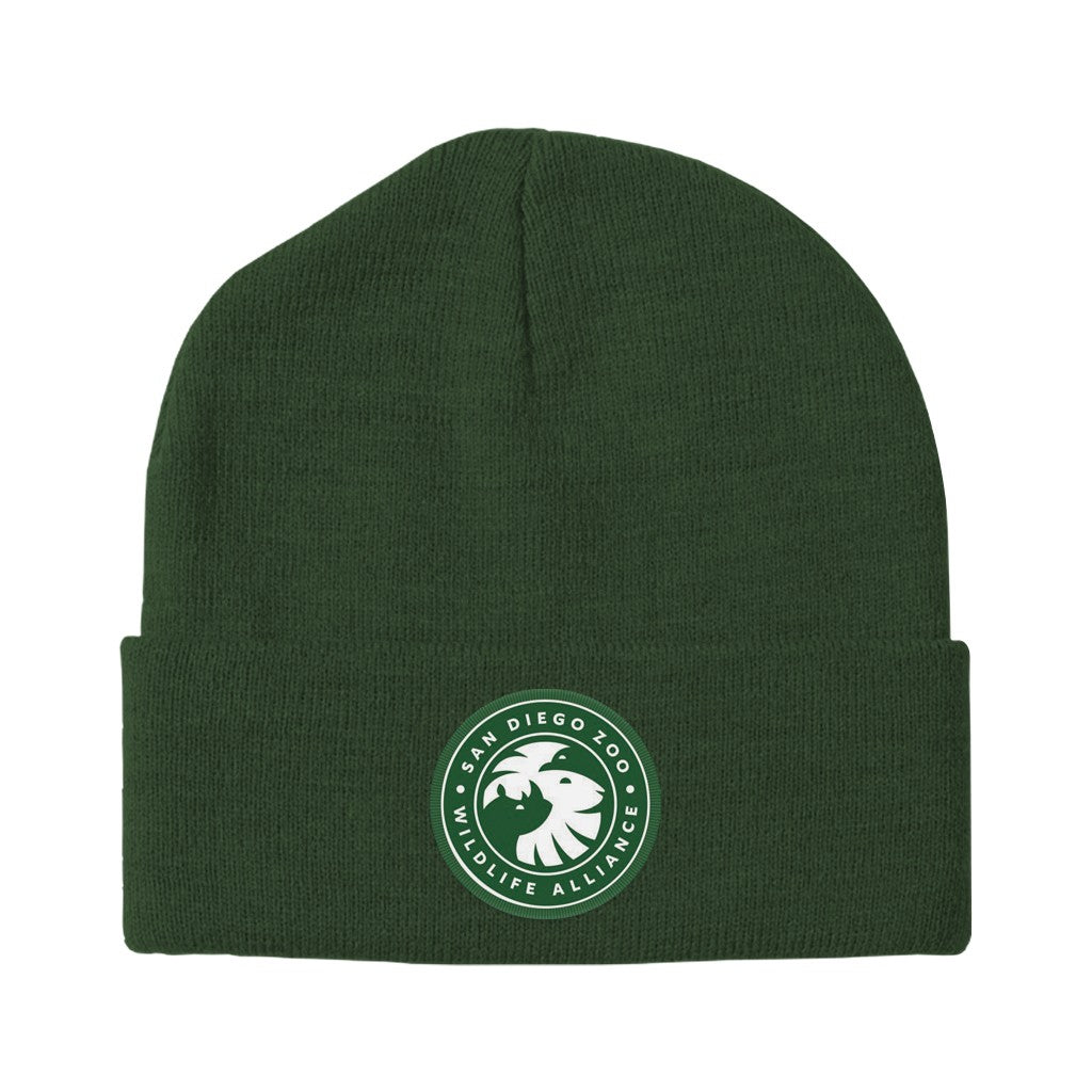 FOREST GREEN ADULT KNIT BEANIE WITH FOLDED CUFF AND A SAN DIEGO ZOO WILDLIFE ALLIANCE PATCH