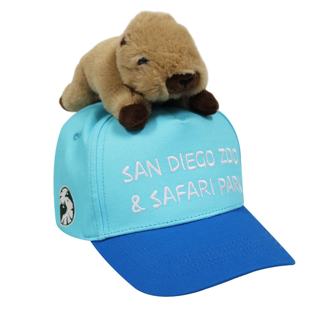 SAN DIEGO ZOO & SAFARI PARK KIDS BLUE BASEBALL CAP WITH PLUSH PELUCHES STUFFED CABYBARA ATTACEHD TO THE CROWN TOP