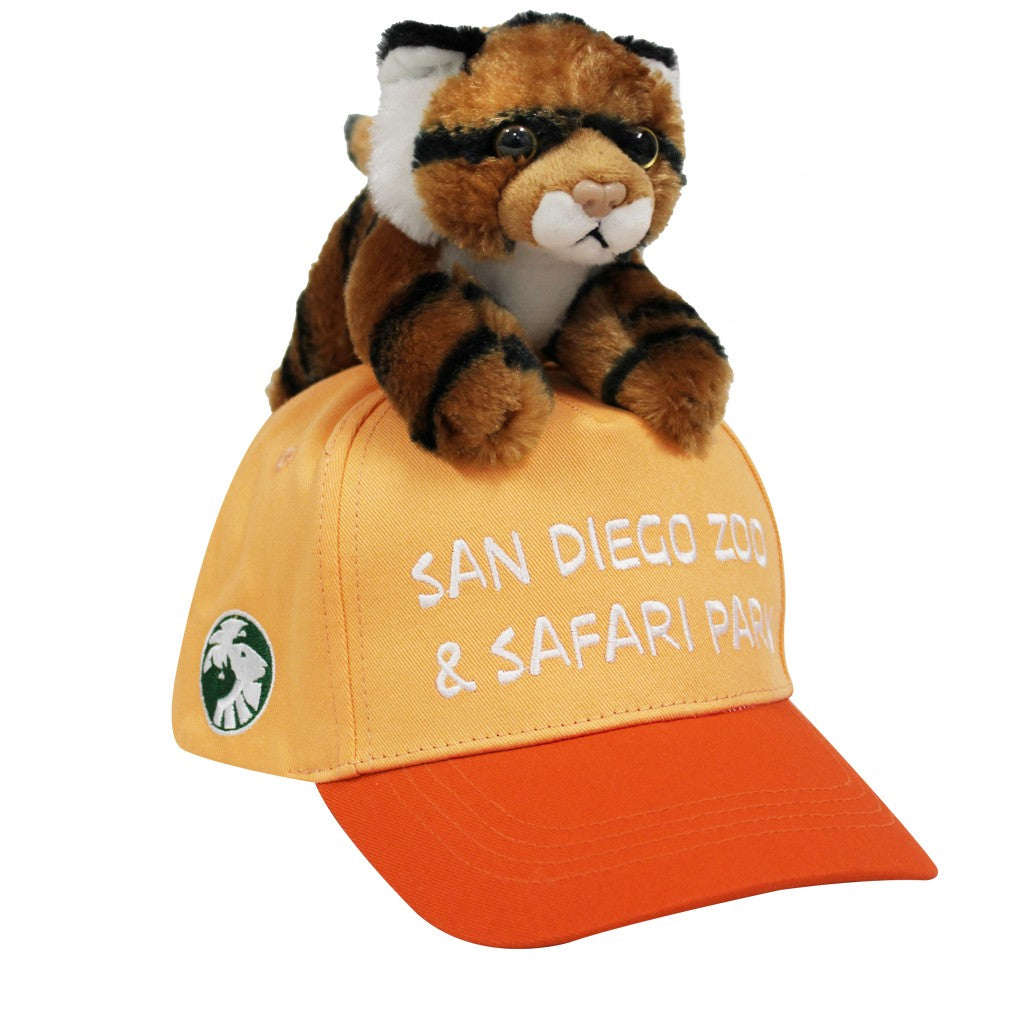 Plush tiger on a San Diego Zoo and Safari Park kids baseball cap in orange
