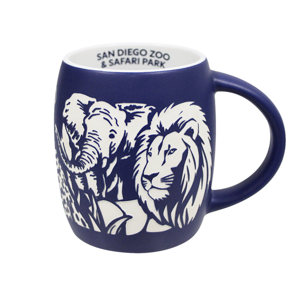 FAVE 5 INDIGO BLUE MATTE MUG WITH GIRAFFE, RHINO, CHEETAH ELEPHANT AND LION