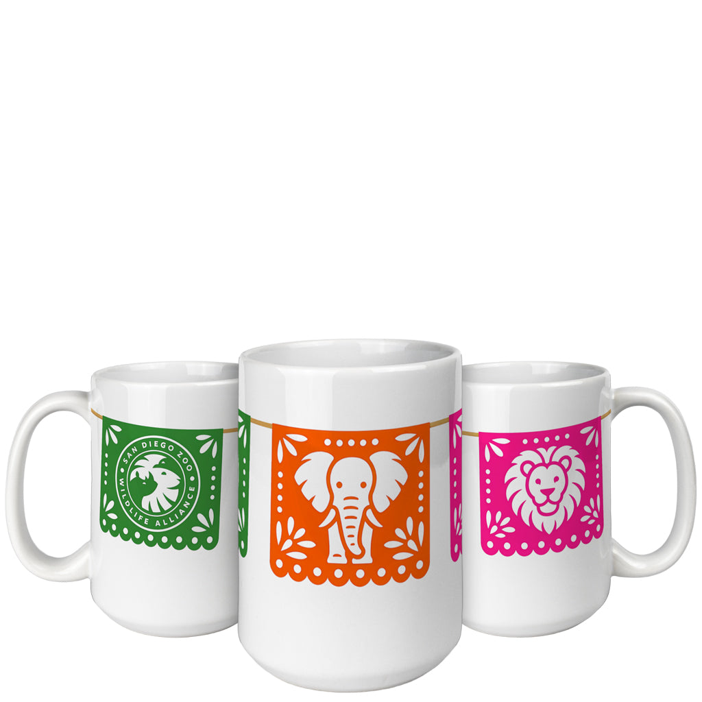 PAPEL PICADO ANIMAL FLAG CERAMIC 15 OUNCE MUG SDZWA LOGO SAN DIEGO ZOO WILDLIFE ALLIANCE