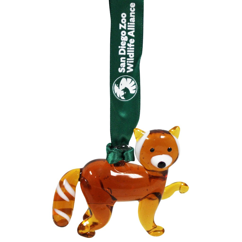 A San Diego Zoo Wildlife Alliance red panda glass ornament featuring a translucent orange and yellow red panda with white accents, hanging from a dark green printed ribbon.