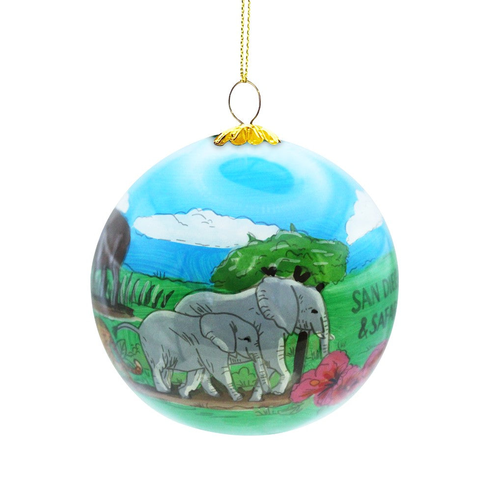 HAND-PAINTED GLASS BALL ORNAMENT WITH THE FAVE 5 AFRICAN ANIMALS ELEPHANT, LION, LEOPARD, RHINO AND CAPE BUFFALO