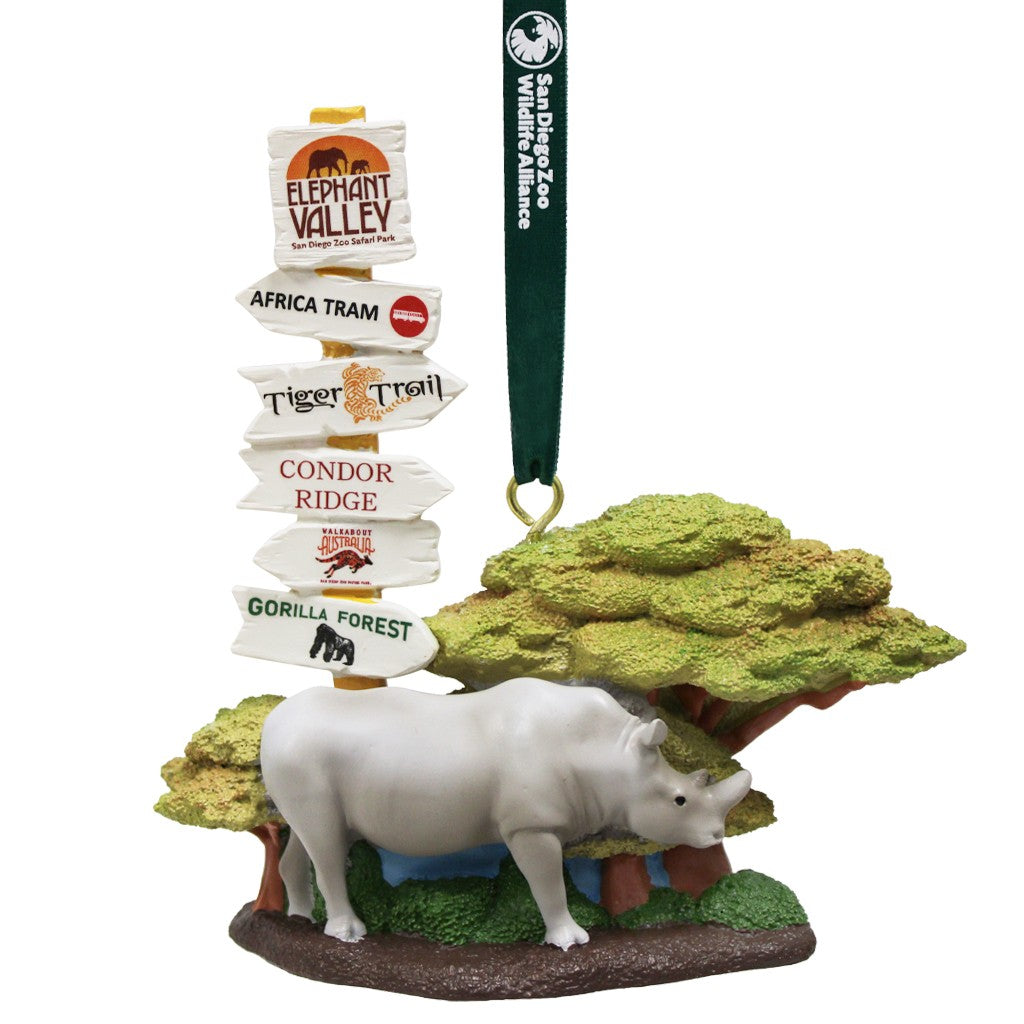 DIRECTIONAL SIGN POST CHRISTMAS ORNAMENT SAN DIEGO ZOO SAFARI PARK RHINO RHINOCEROS RESIN HOLIDAY TREE
