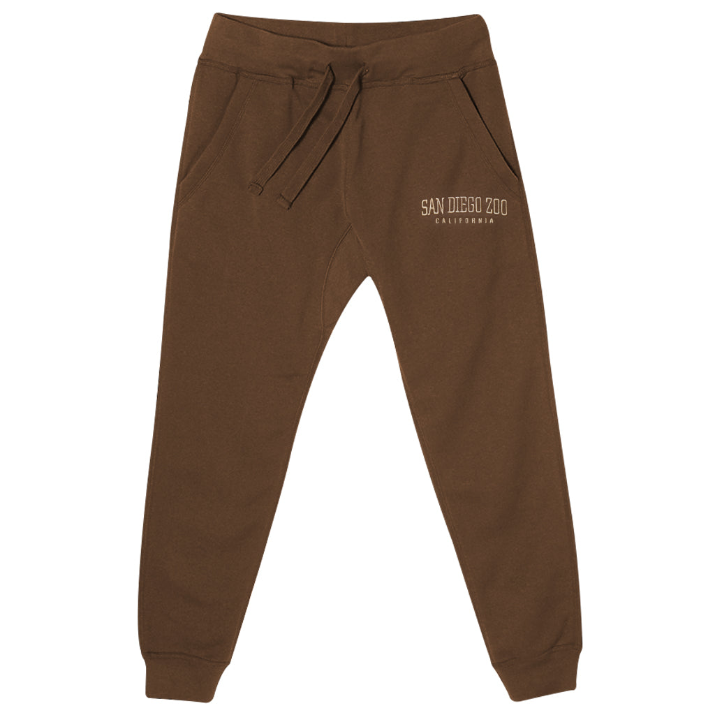 Chestnut brown jogger-style sweatpants with embroidered San Diego Zoo namedrop.