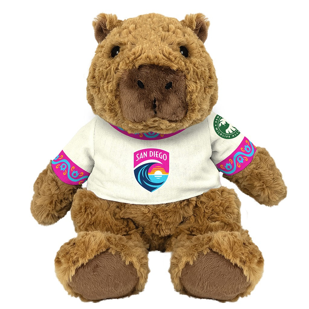 CAPYBARA BROWN PLUSH WEARING A WAVE FC SOCCER JERSEY WITH SDZWA LOGO SAN DIEGO ZOO WILDLIFE ALLIANCE ON THE SLEEVE AND NUMBER 00 ON THE BACK STUFFED ANIMAL PELUCHES STUFFY