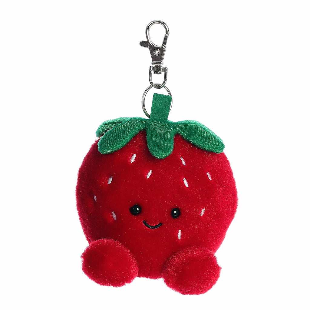 Juicy the Strawberry plush clip keychain with a smiling face.