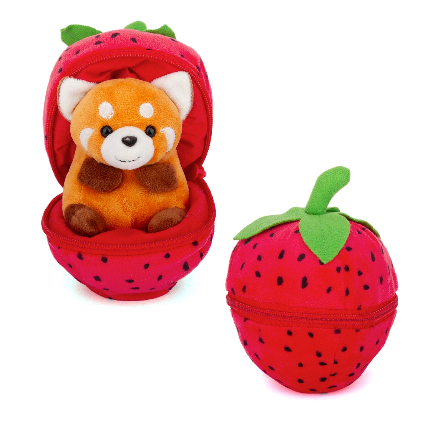PLUSH PELUCHES RED PANDA IN ZIP UP STRAWBERRY STUFFY