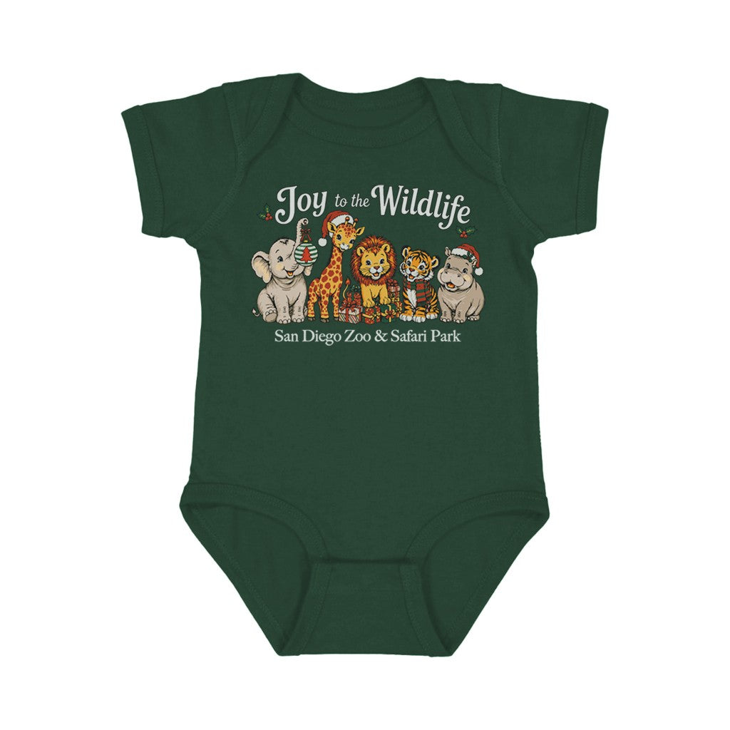 JOY TO THE WILDLIFE SAN DIEGO ZOO AND SAFARI PARK DARK FOREST GREEN BABY INFANT SNAP BOTTOM ROMPER SAN DIEGO ZOO AND SAFARI PARK