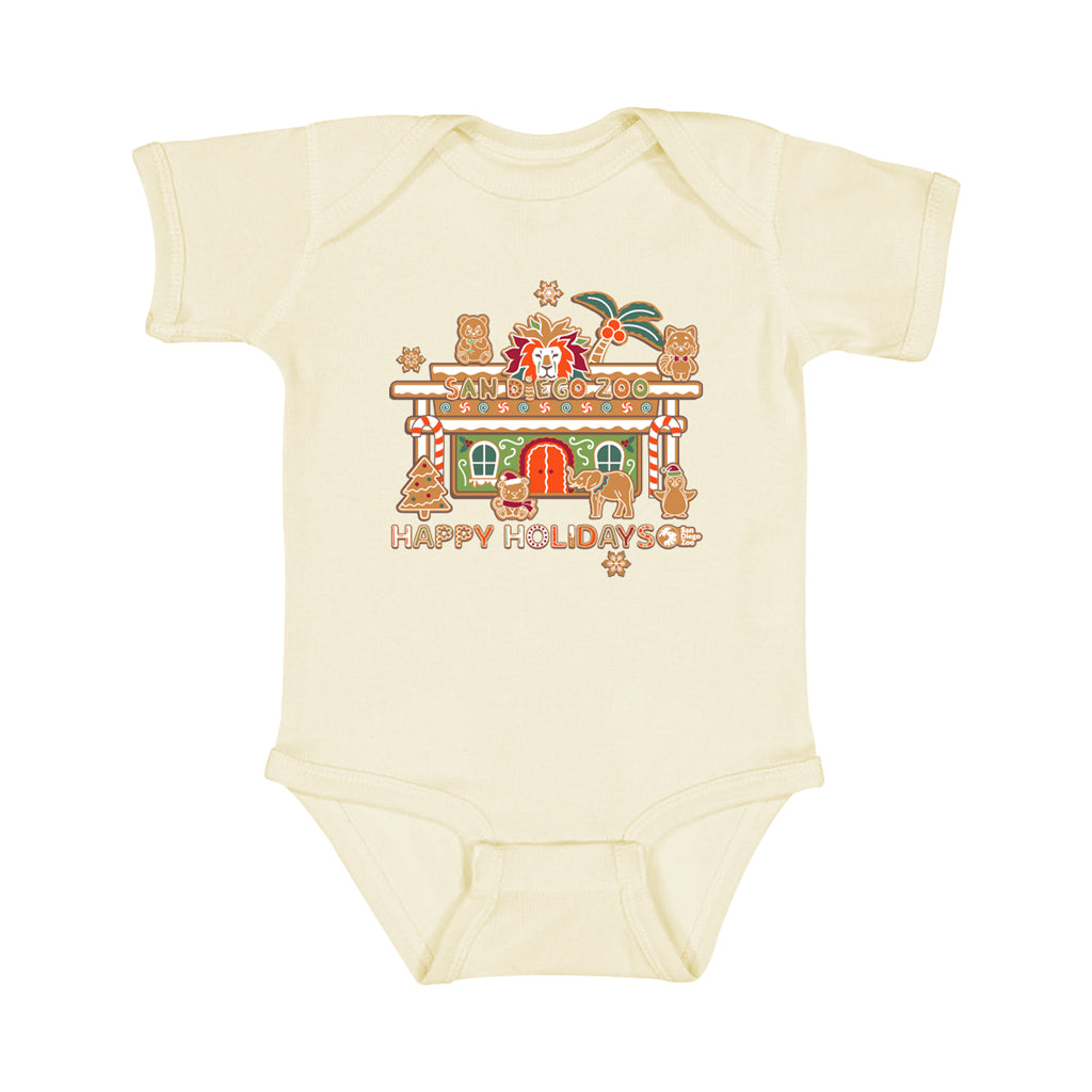SAN DIEGO ZOO HAPPY HOLIDAYS GINGERBREAD ENTRANCE BABY INFANT ONESIE ROMPER TEE
