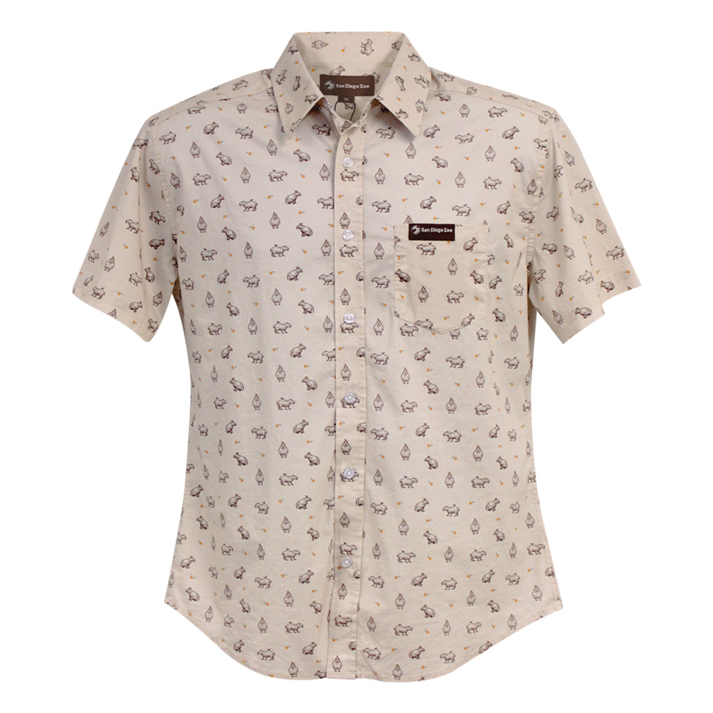 Capybara patterned tan kids shirt branded with San Diego Zoo logo.