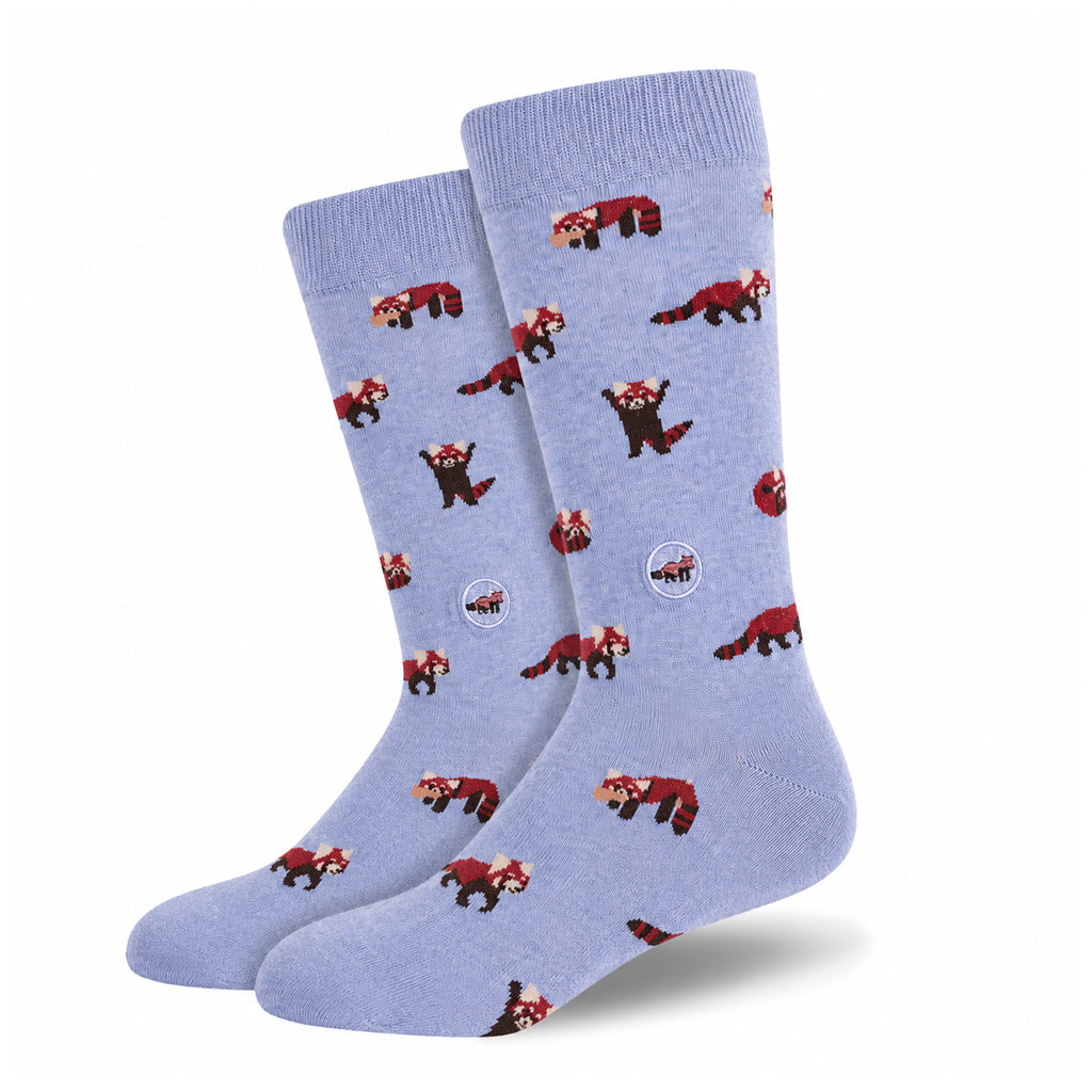 A pair of periwinkle blue size medium adult graphic crew socks featuring a pattern of red pandas.