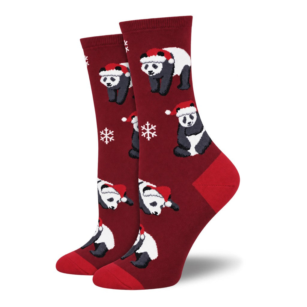 LADIES SOCKSMITH FESTIVE GIANT PANDA SOCKS BURGANDY AND RED PANDAS WEARING SANTA HATS WITH SNOWFLAKES
