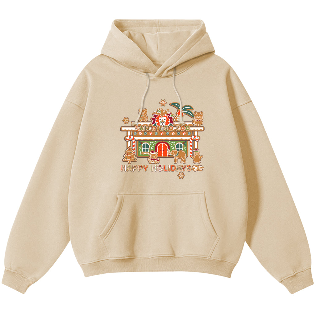 SAN DIEGO ZOO GINGERBREAD ENTRANCE LADIES HOODED HOODY SWEATSHIRT HAPPY HOLIDAYS KHAKI PULLOVER
