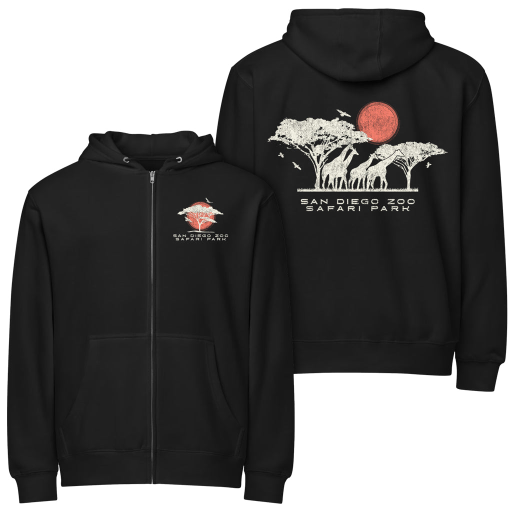 Black zip hoodie with 'San Diego Zoo Safari Park' Serengeti Giraffe design on front and back