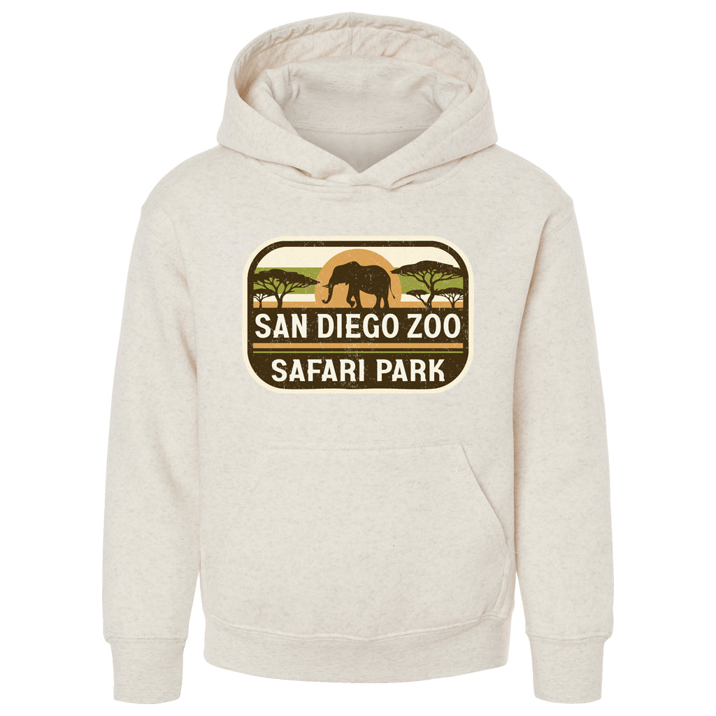 SAN DIEGO ZOO SAFARI PARK HORIZON ELEPHANT NATURAL HEATHER KIDS YOUTH HOODED SWEATSHIRT HOODY