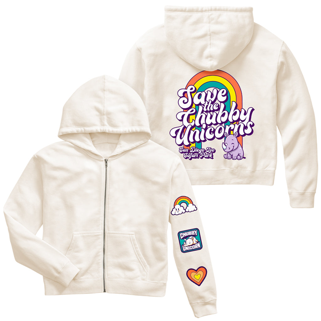 SAVE THE CHUBBY UNICORNS RHINO RAINBOW IVORY GIRLS ZIP UP HOODED SWEATSHIRT