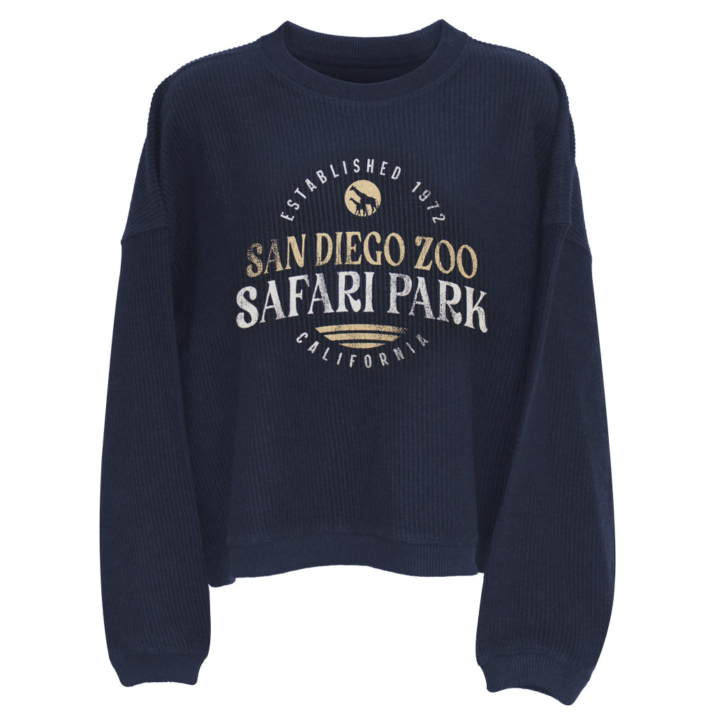 NAVY BLUE RIBBED LADIES BOXY SWEATER WITH VINTAGE STYLE 1972 SAFARI PARK GRAPHIC