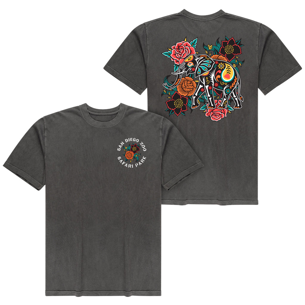 DIA DE LOS MUERTOS INSPIRED AFRICAN ELEPHANT MENS UNISEX PEPPER GRAY TEE T-SHIRT