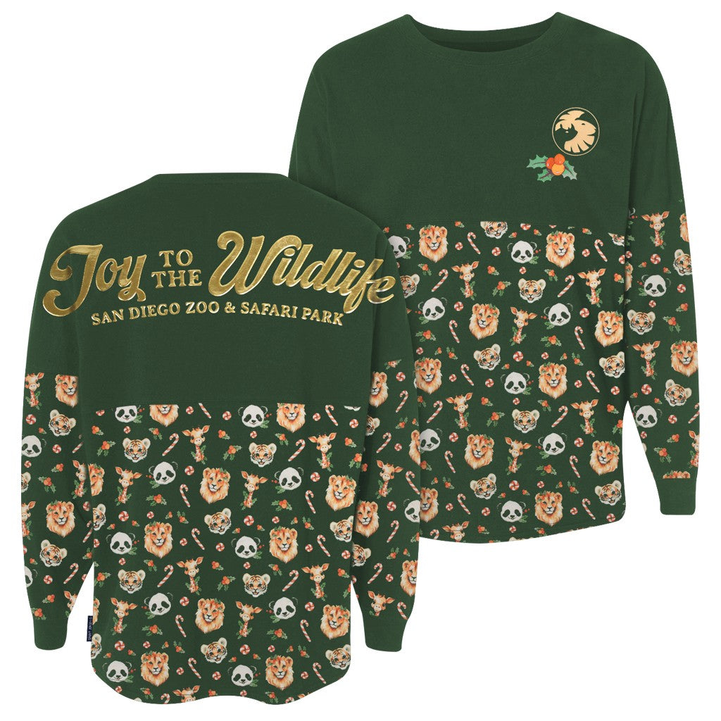 JOY TO THE WILDLIFE SDZWA LOGO SPIRIT JERSEY METALLIC GOLD PUFF LETTERING SAN DIEGO ZOO & SAFARI PARK DARK GREEN LONG SLEEVE LION GIRAFFE PANDA TIGER
