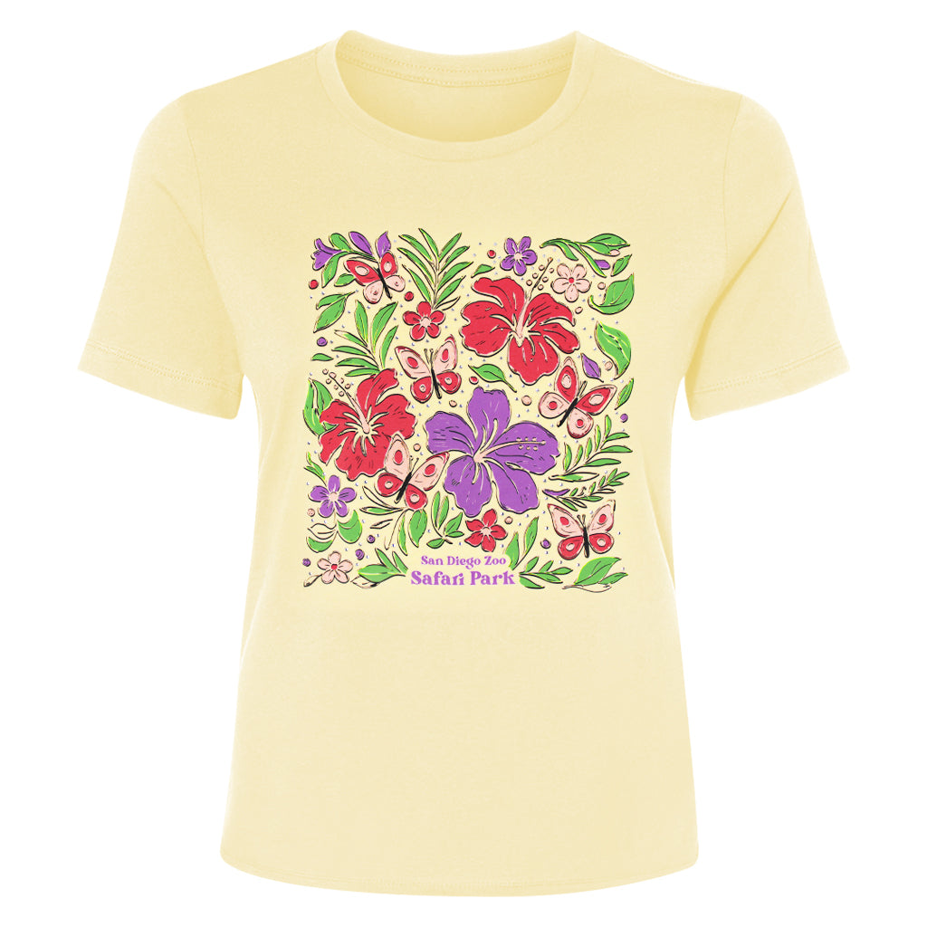 BUTTERFLY AND HIBISCUS FLOWERS LIGHT YELLOW LADIES SHORT SLEEVE TEE SAN DIEGO ZOO SAFARI PARK
