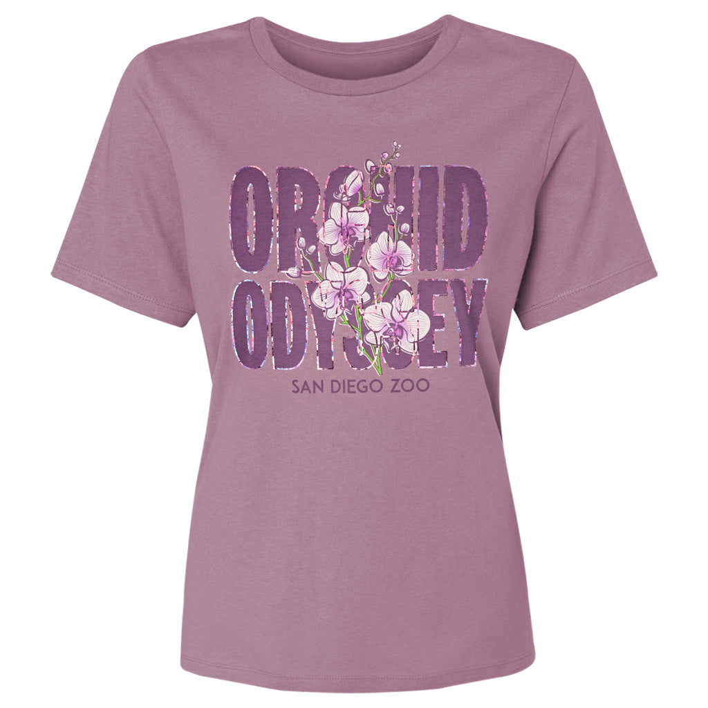 SAN DIEGO ZOO ORCHID ODYSSEY LADIES WOMENS SHORT SLEEVE TEE WITH FOIL DETAIL IN MAUVE
