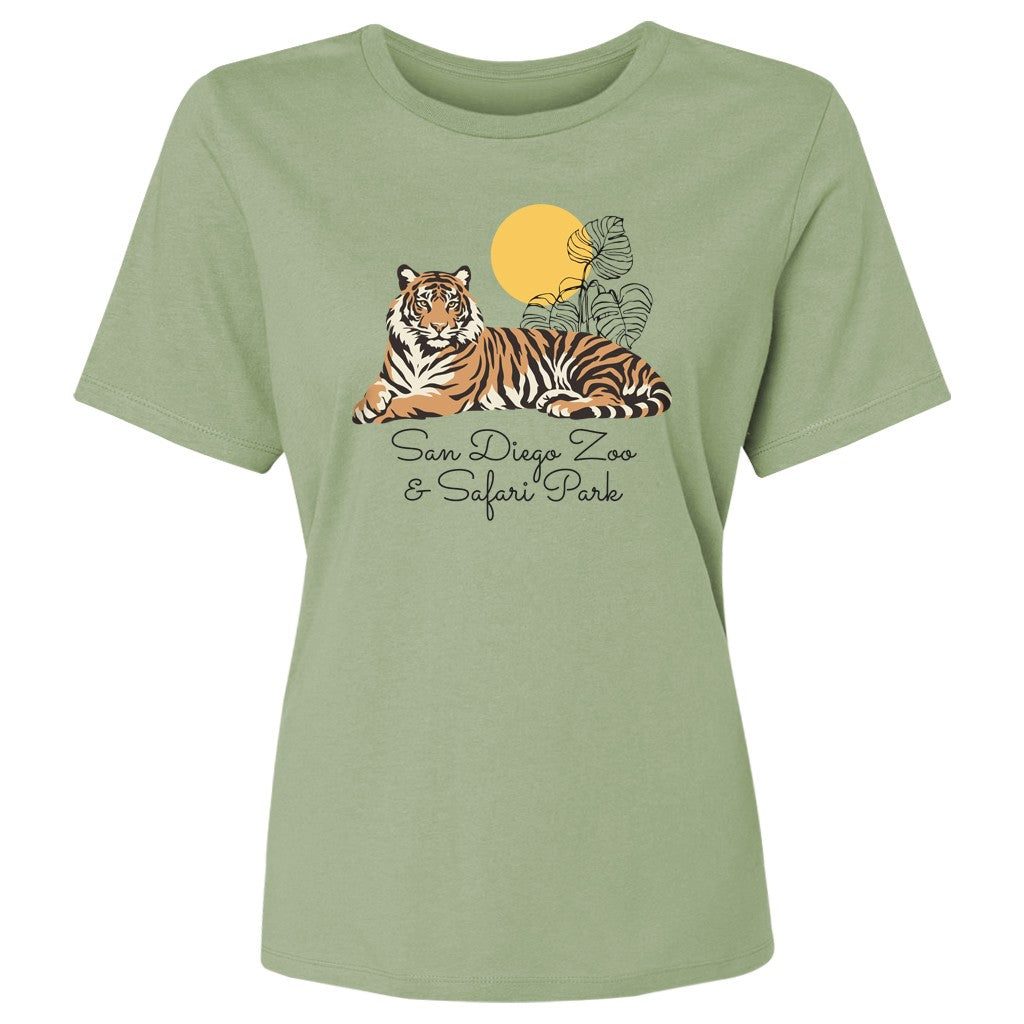 LADIES LAYING TIGER TEE IN LIGHT APPLE GREEN WITH MONSTERA LEAVES AND SUN FOR SAN DIEGO ZOO AND SAFARI PARK