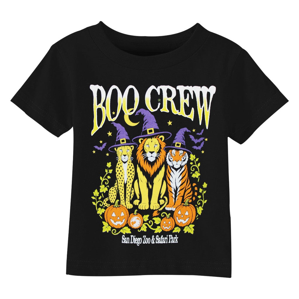 A black short-sleeve toddler t-shirt featuring a colorful 'BOO CREW' Halloween graphic with a lion, tiger, cheetah, pumpkins, bats, and the text 'San Diego Zoo & Safari Park'.