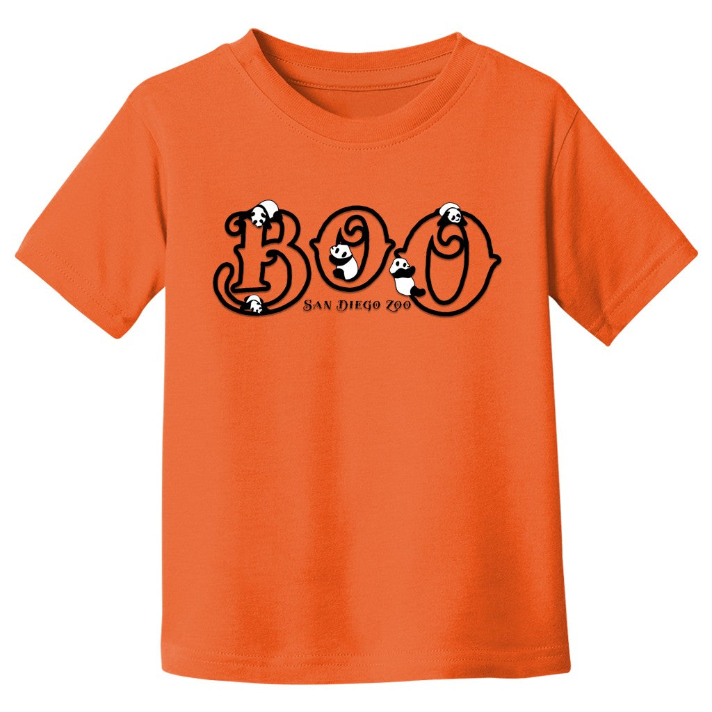 SAN DIEGO ZOO ORANGE TODDLER TEE RAISED BOO LETTERING WITH PANDAS HALLOWEEN LIMITED EDITION