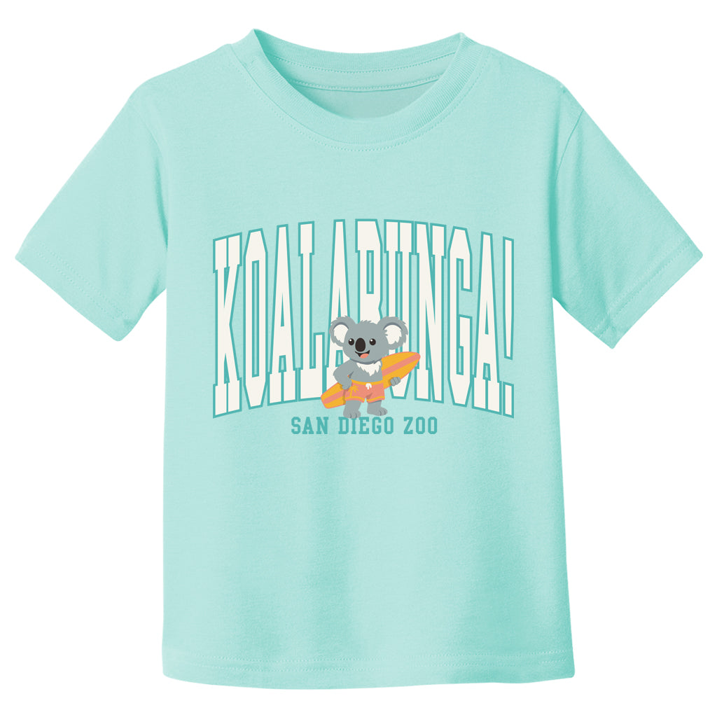 SAN DIEGO ZOO KOALABUNGA TODDLER TEE IN CHILL AQUA BLUE SURFBOARD KOALA SHORT SLEEVE TEE
