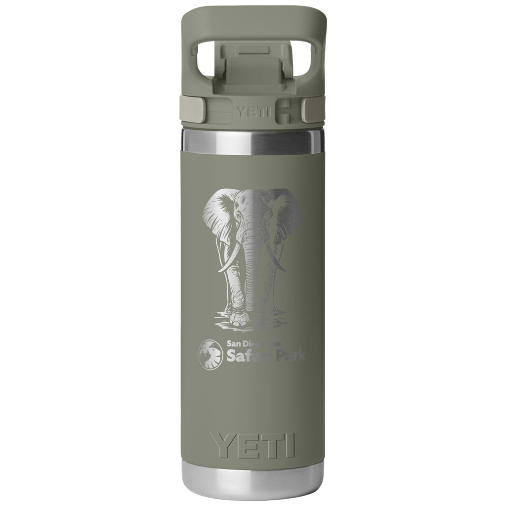 YETI RAMBLER BOTTLE PAMPA GREEN ETHCHED AFRICAN ELEPHANT DESIGN 18OZ SDZWA LOGO FLIP CHUG CAP