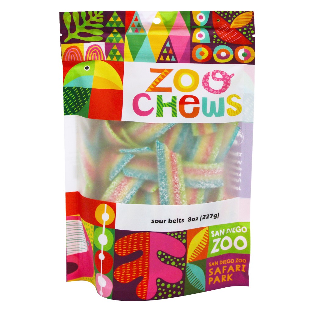 A 8 oz stand-up pouch of San Diego Zoo Safari Park sour belts candy. The packaging features a vibrant, multicolored pattern with a parrot illustration and the words 'ZOO Chews' in large, playful letters.