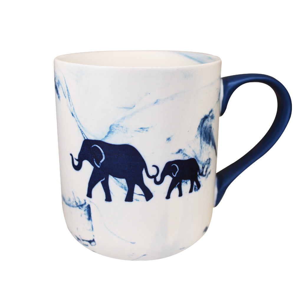 MUG ELEPHANT BLUE AND CREAM MARBLE MOM AND BABY CALF AFRICAN ELEPHANT