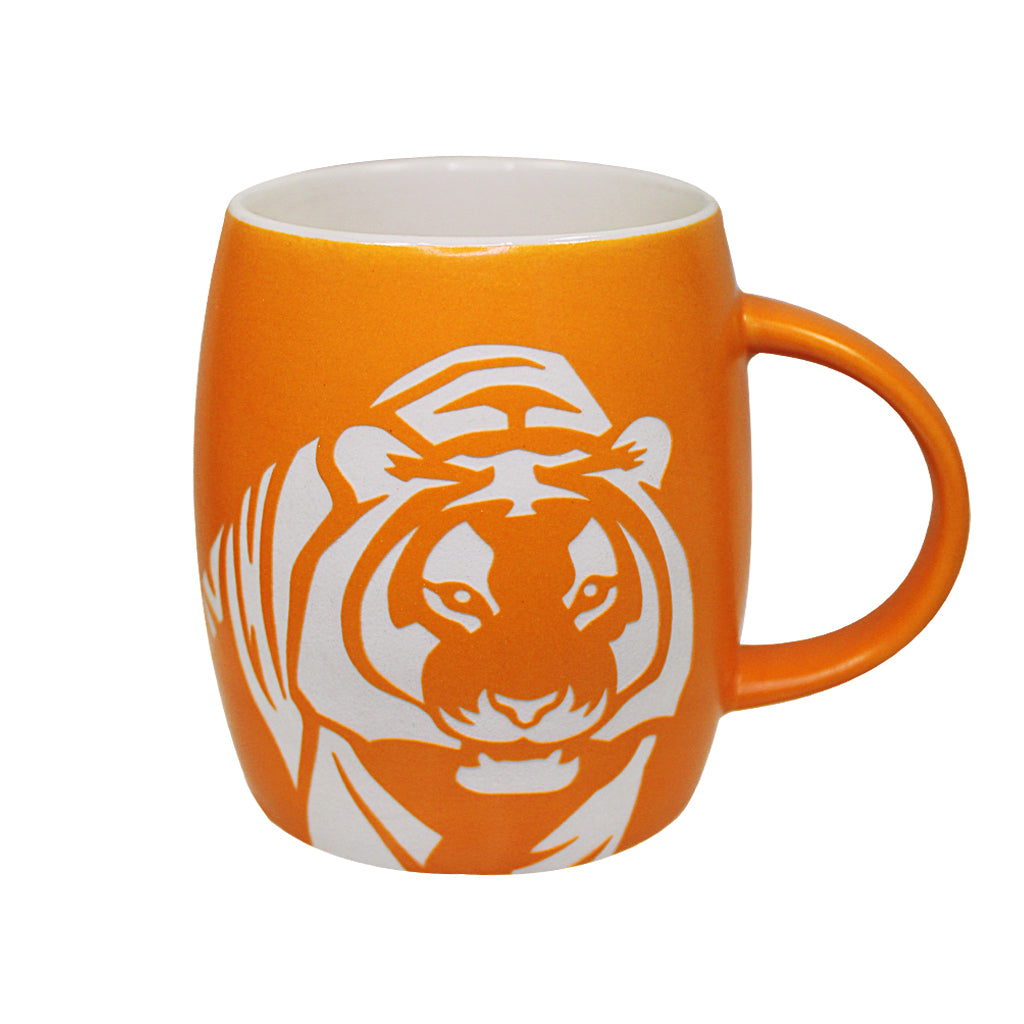 COFFEE MUG TIGER ETCHED ORANGE MATTE