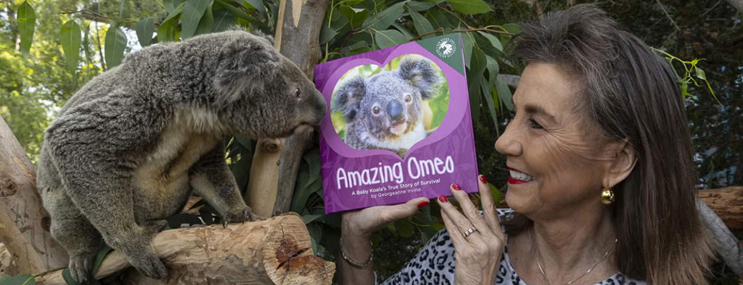 Omeo the koala and Georgeanne Irvine with her "Amazing Omeo" Book
