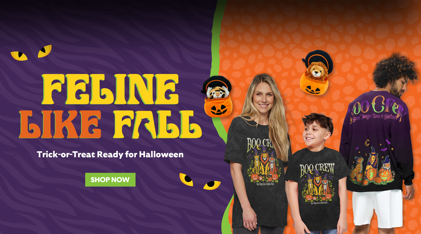 Halloween promotional banner with three people modeling fall-themed apparel. The left side has purple wavy background with yellow text reading 'Feline Like Fall,' 'Trick-or-Treat Ready for Halloween,' and a green 'Shop Now' button.