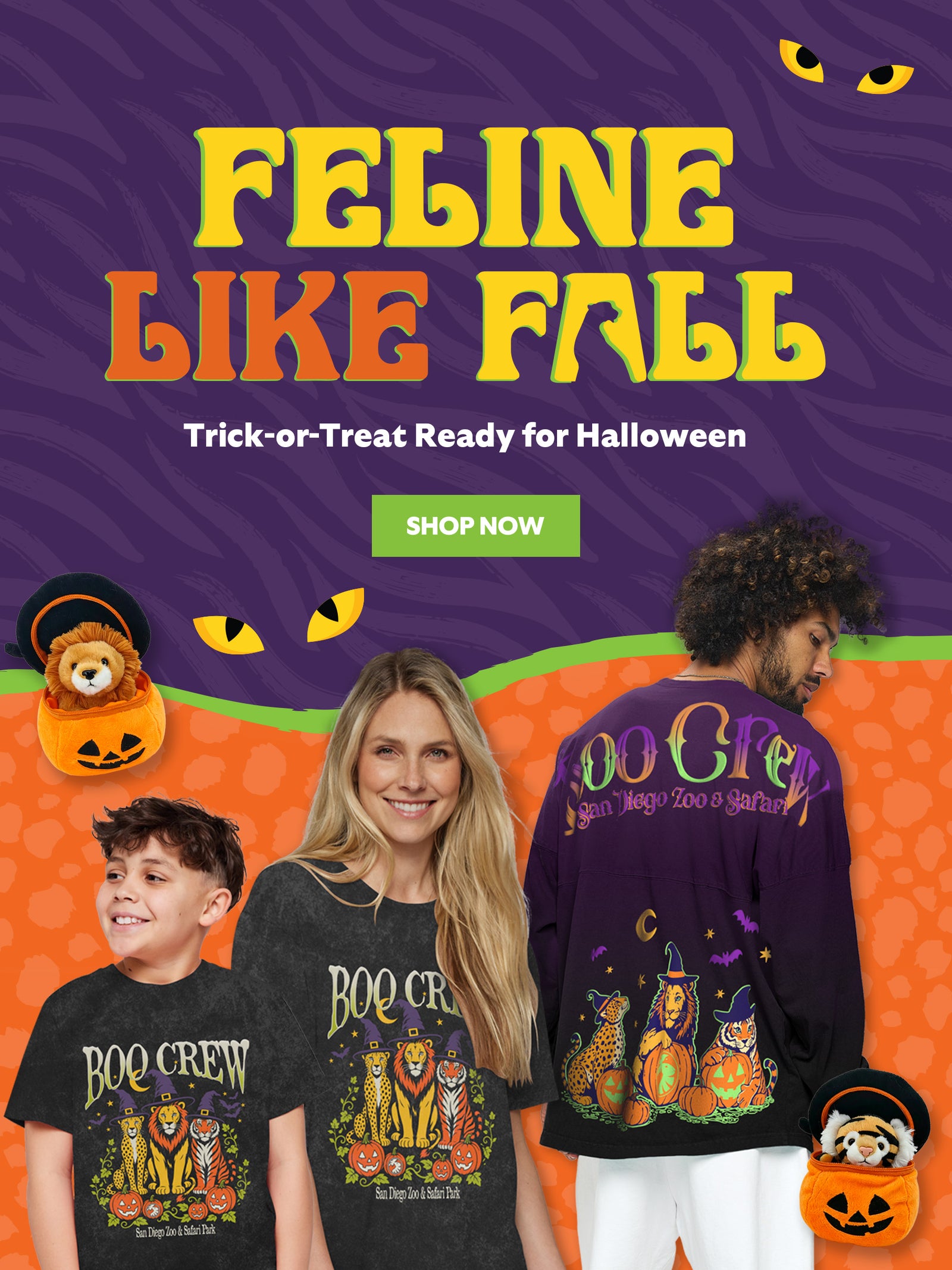 Halloween promotional banner featuring three models wearing a matching 'Boo Crew' cat-themed t-shirt and sweatshirt set. The background is purple and orange with cartoon cat eyes and pumpkin decorations, and a green 'SHOP NOW' button is displayed in the center.
