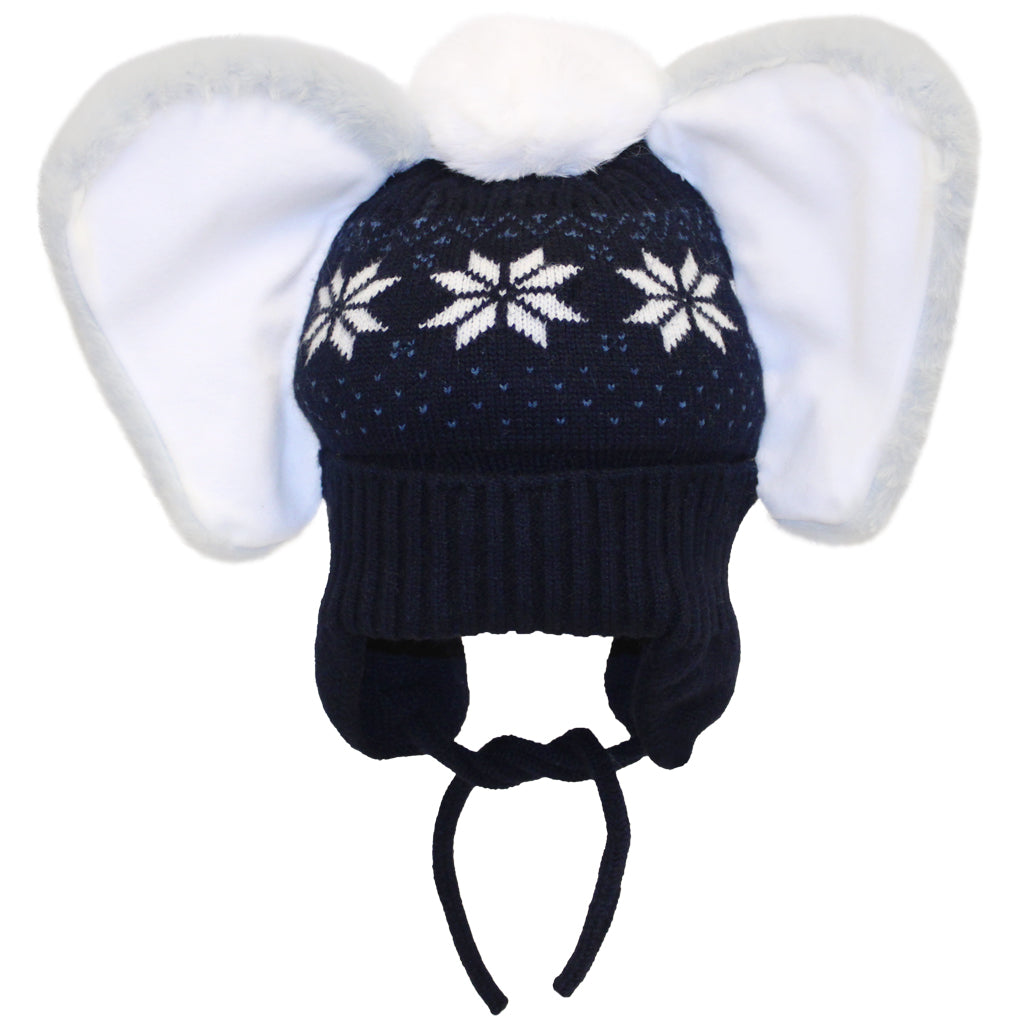 ELEPHANT EARS SNOW DAYS WINTER KNIT CAP WITH POM NAVY AND WHITE