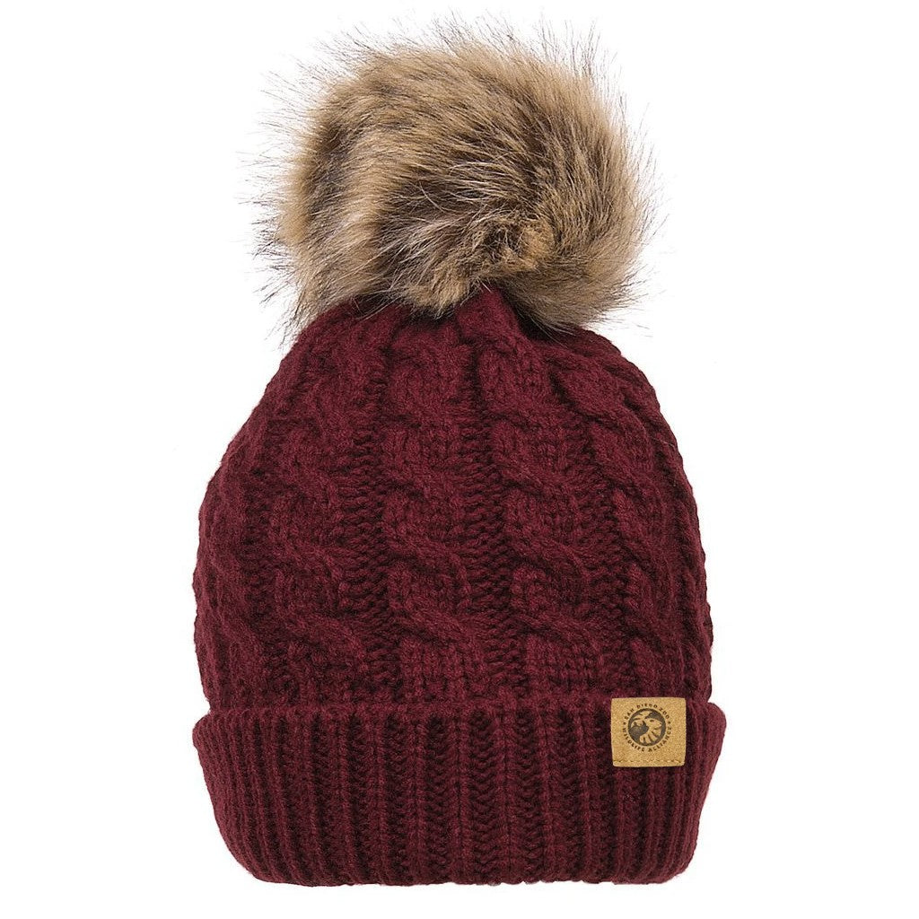 BURGUNDY CABLE KNIT FAUX POM BEANIE SDZWA LEATHER PATCH WINTER WOMENS UNISEX