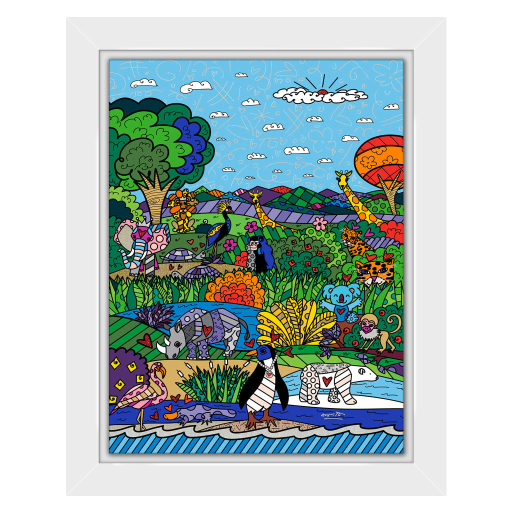 Wildlife Alliance by BRITTO Signed Limited Edition Canvas Print White Frame 49x39 inch Romero Britto