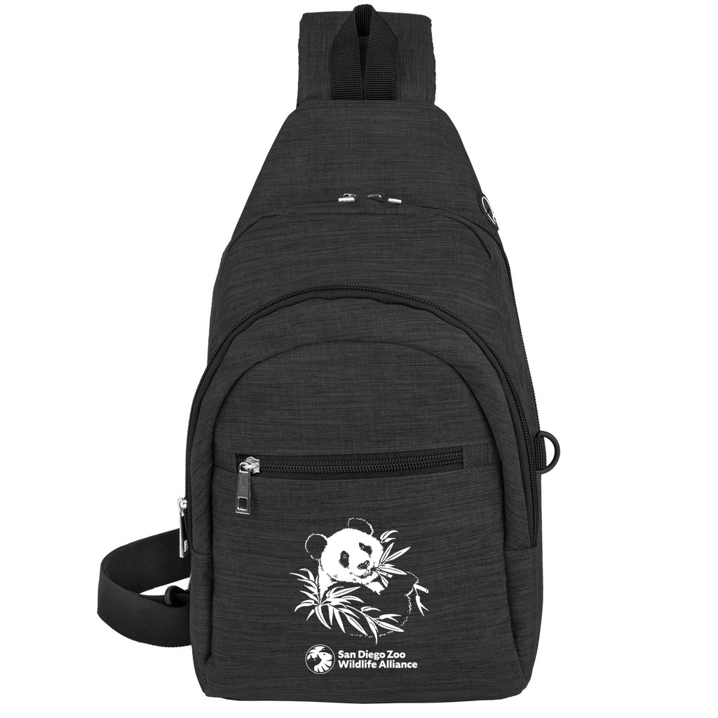 Black crossbody sling bag with our exclusive Etched Panda design and San Diego Zoo Wildlife Alliance logo.