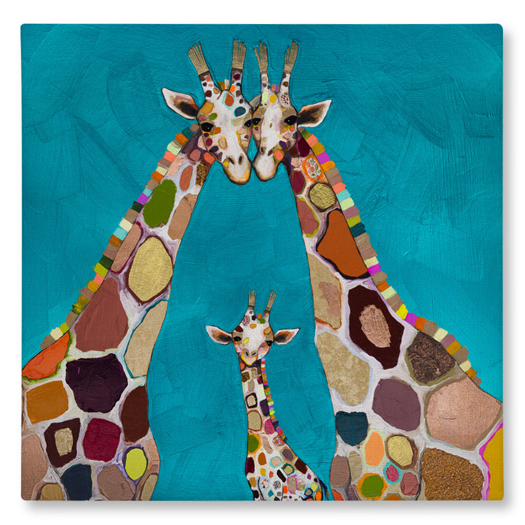 Giraffe Family in Turquoise Giclée Canvas Print