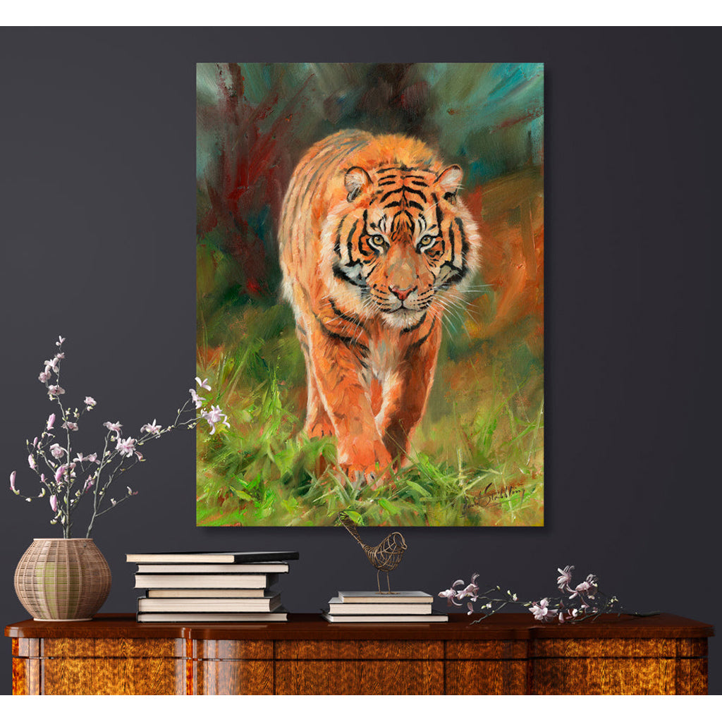 Canvas Print Painting of a tiger on a wall above a wooden cabinet with decorative items.