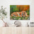Canvas Print Painting of a tiger on a wall above a wooden shelf with decorative items.